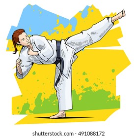 Vector illustration of a woman practicing karate. Female martial artist showing high kick. Karate, taekwondo. Beautiful sport themed poster.