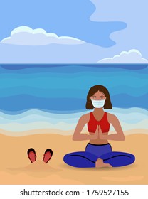 Vector illustration of a woman practicing yoga in a medical mask on the beach. Post-quarantine time. Rest alone away from other people. Social distance. Coronavirus. Covid-19