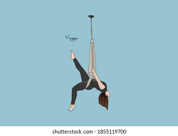Vector Illustration of Woman practicing Yoga Fly with Hammock