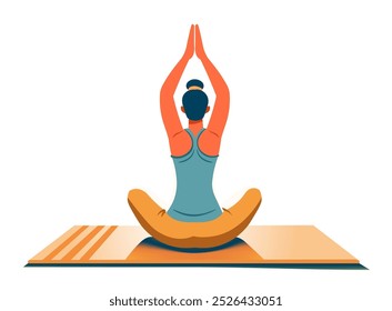 A vector illustration of a woman practicing yoga in a seated position, isolated on a white background. Flat style design.