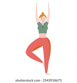 Vector illustration of a woman practicing yoga in tree pose.