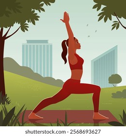 A vector illustration of a woman practicing yoga in a serene park setting, surrounded by lush greenery and urban cityscape in the background. The illustration features a woman in a warrior pose