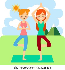 Vector illustration. Woman practicing yoga. In asana Vrikshasana.