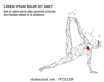 Vector illustration of woman practicing yoga asana made from polygon and dots technic. Red heart inside. Concept of hard everyday practice