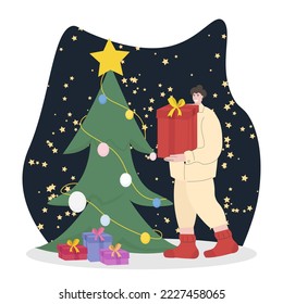 Vector illustration woman preparing for the new yearputs gifts under the Christmas tree.