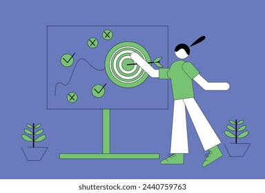 Vector illustration of a woman presenting a business strategy to achieve business goals or targets