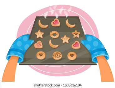 Vector illustration of woman in process of baking different cookies 