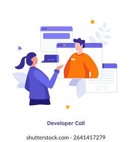 Vector illustration with woman programmer calling male developer. Business presentation for software concept. Character metaphor for mobile and web.