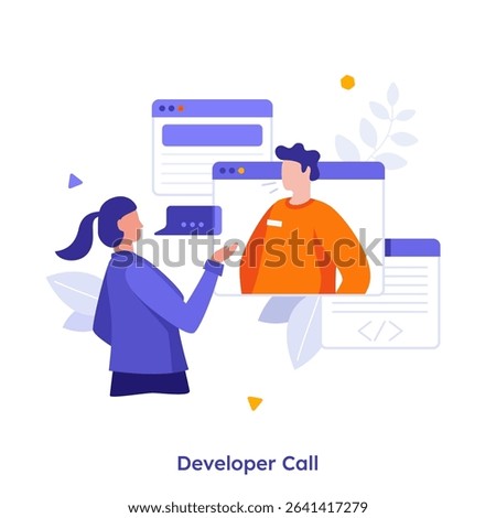 Vector illustration with woman programmer calling male developer. Business presentation for software concept. Character metaphor for mobile and web.