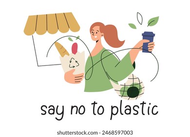 Vector illustration of a woman promoting a plastic-free lifestyle. Holding reusable items and groceries in eco-friendly bags. Hand lettering, message say no to plastic. Flat cartoon style