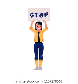 Vector illustration of woman protester and activist. Young girl holding placard with STOP sign above her head isolated on white background - fighting for female rights and gender equality concept.