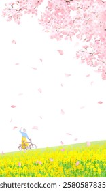 Vector illustration of a woman pulling a bicycle along a bank of cherry blossom trees and rape blossoms, white background, vertical screen size.