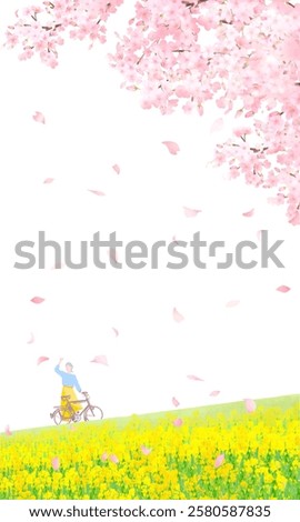 Vector illustration of a woman pulling a bicycle along a bank of cherry blossom trees and rape blossoms, white background, vertical screen size.