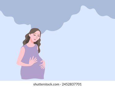 Vector illustration of a woman putting her hand on her abdomen with negative emotions due to maternity blue and a background of hazy emotions