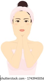 Vector illustration of a woman putting a towel around her head, caring for the skin.