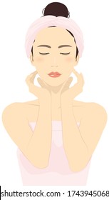 Vector illustration of a woman putting a towel around her head, touching her face gently, closing both eyes, caring for the skin.