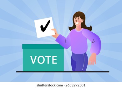 Vector illustration of a woman putting a voting ballot with check mark into a box labeled VOTE. Concept of election participation, democratic right, and civic duty.