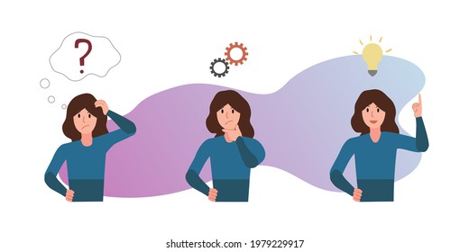 Vector illustration of a woman with a question mark, gears, bulb over his head. Concept of a thinking process, coming up with idea.