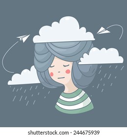 Vector illustration of woman with rainy clouds and her thoughts, airplane, concept idea