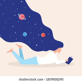 Vector illustration of woman reading book with stars