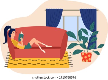 Vector illustration of a woman reading a book while lying on the couch. The rest of the house. A young adult girl is resting at home.