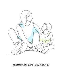 Vector illustration of a woman reading a book to her child drawn in line art style