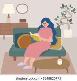 Una Ilustración vectorial de una mujer leyendo un libro mientras está sentada en un sofá en una habitación elegante.