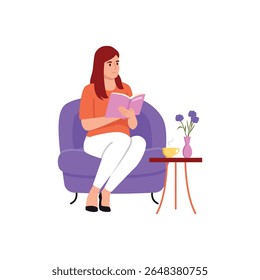 Vector illustration of a woman reading a book. Cartoon scene of a redhead girl sitting in a chair, reading a book, a table with hot coffee, a vase of wildflowers isolated on a white background.
