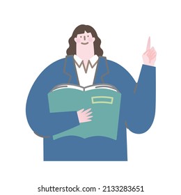 A vector illustration of a woman reading a textbook and telling the points.