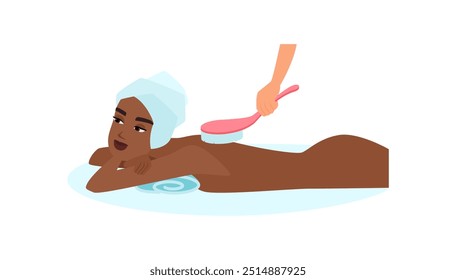 Ilustração vetorial de uma mulher que recebe um tratamento de esfregaço corporal, representando relaxamento e cuidados com a pele.