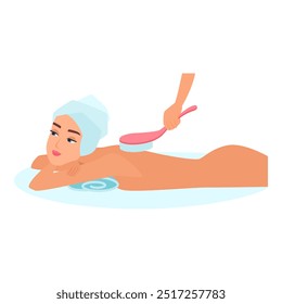 Vector illustration of a woman receiving a body brushing treatment, symbolizing exfoliation and self-care.