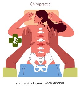 Ilustração vetorial de uma mulher que recebe um ajuste quiroprático. A imagem realça o processo de alinhamento da coluna vertebral com mãos ilustrativas que proporcionam tratamento nas costas.