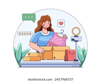 Vector illustration of a woman recording an unboxing video of a package of clothes she bought as a product review or proof that the purchased product has been received.