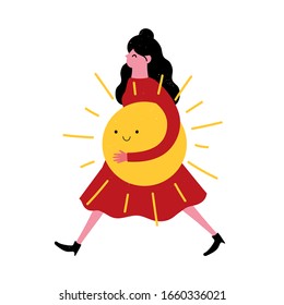 Vector illustration with woman in red dress walking with smiling yellow sun. Funny and cute spring or summer cartoon style print design