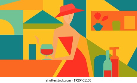 Vector illustration of a woman in a red dress drinks wine in a cafe by the sea. Cubism. Abstract art.