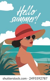 Ilustración vectorial de una mujer con un sombrero rojo y gafas de vacaciones en la playa. Lugar para el texto. Cartel de Anuncio de verano para fiesta retro, vacaciones y viajes. 