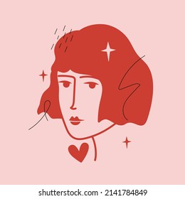 Vector illustration with woman, red heart, stars and abstract elements. Vintage fashion print design with girl