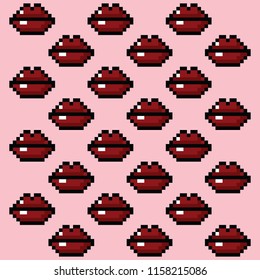 Vector illustration of woman red lips on pink background. Retro lips pattern. Pixel art.