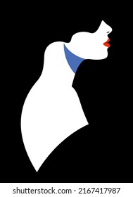 Ilustración vectorial de una mujer con labios rojos de estilo blanco y negro. Silhouette de la comunidad de redes sociales de mujeres. Afiche con una bella joven con labios rojos.	