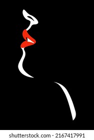 Vector illustration of a woman with red lips in white and black style. Silhouette of women social network community. Poster with a beautiful young girl with red lips.	