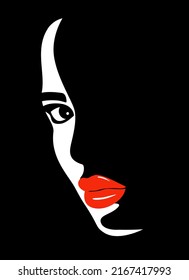 Vector illustration of a woman with red lips in white and black style. Silhouette of women social network community. Poster with a beautiful young girl with red lips.	