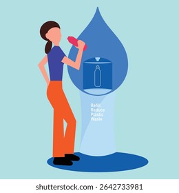Vector illustration of a woman refilling her reusable bottle at a water station, symbolizing environmental care and sustainability. It promotes eco-awareness and green living concepts.






