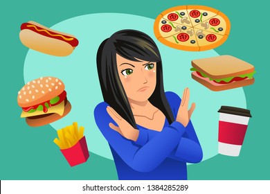 Una ilustración vectorial de la mujer que rechaza la tentación de la comida rápida