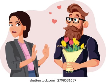 Vector Illustration Of Woman Refusing Flower Bouquet From Man. Romantic rejection concept illustration showing female turning down flowers from suitor 

