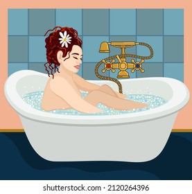 Vector illustration of woman relaxing in a bathroom. Spa concept. Selfcare.