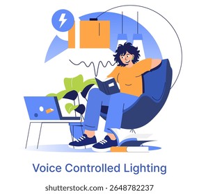 Vector illustration of a woman relaxing in a chair, reading, while controlling lighting with her voice. The scene includes a laptop and cozy indoor atmosphere, highlighting smart home technology.