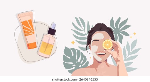 Vector illustration of a woman relaxing with a face sheet mask and skincare sachets on the side. Ideal for beauty, facial treatment, wellness spa, self-care, and natural skincare product promotions	