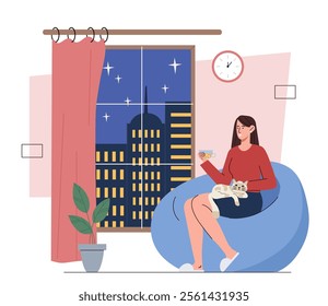 Vector illustration of a woman relaxing on a bean bag chair at night, holding a drink with a cat on her lap. The cityscape is visible through the window, creating a cozy and peaceful atmosphere