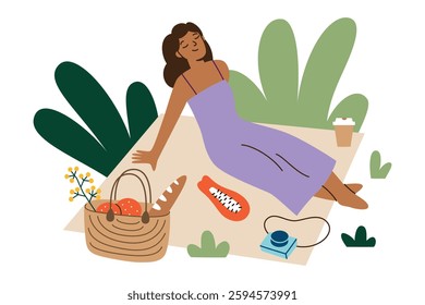 Vector illustration of woman relaxing on picnic in nature. Girl sitting on blanket, enjoying summer moment, sunbathing. Picnic basket with food, camera, fruits and coffee cup. Flat cartoon character