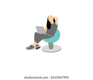 Vector illustration of a woman relaxing on a modern chair with a laptop. Casual working or studying from home concept, flat minimal style